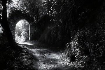 A winding path disappearing into a dense forest, its entrance marked by a silhouetted archway. - Powered by Adobe