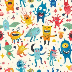 seamless imaginary friends pattern with monsters and aliens