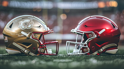 Fototapeta premium A close-up of Two football helmets on the grass