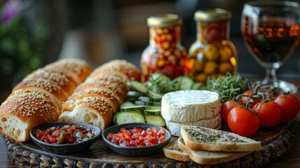 On wooden board are two kinds of bread, cherry tomatoes, cream cheese, and spicy sauce. In the background are two jars with spices and herbs.