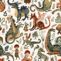 seamless mythical fantastic beast monsters pattern