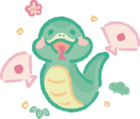 年賀状素材　2025　へび　巳年　巳　蛇　水彩　ゆるかわ　手描き　かわいい　扇子　年賀　イラスト素材