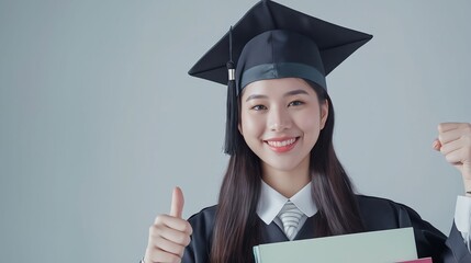 A woman in graduation gown holding up her thumbs up.