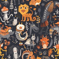 seamless mythical fantastic beast monsters pattern