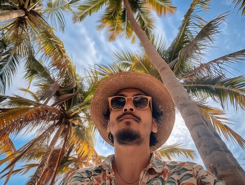 Man in hat and sunglasses standing under palm trees.
