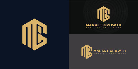 Abstract initial hexagon letter MG or GM logo in luxury gold color isolated on multiple background colors. The logo is suitable for marketing team logo design inspiration templates.