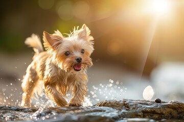 Energetic small dog joyfully playing in water with sunlight shining in the background, capturing the essence of playful outdoor activities. - Powered by Adobe