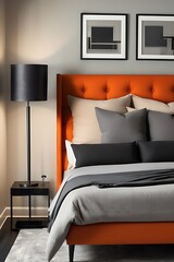  Bedroom in pastel tone peach fuzz color and gray wall empty background for art. Modern premium elegant room interior home or hotel design. Apricot crush stylish accents bed.3d render 
