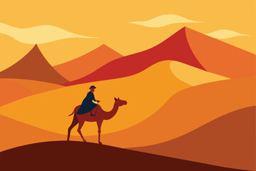 Camel Rider Crossing Vast Desert Hill Arabian Landscape vector illustration