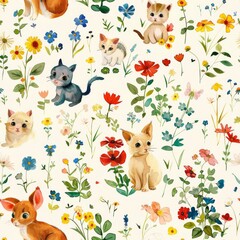 Naklejka premium seamless pattern of cartoon animal puppies, kittens, and baby farm friends with wildflowers