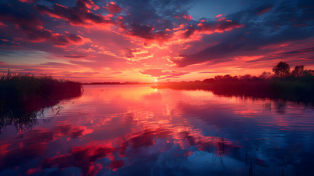 An ultra HD view of a nature delta at sunrise, the sky glowing with vibrant colors and the water reflecting the light