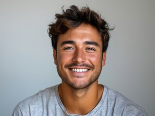 Fototapeta premium A smiling man with a gray background.