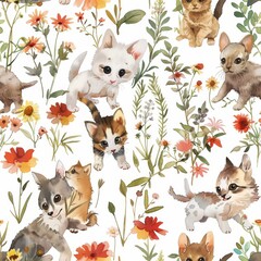 Obraz premium seamless pattern of cartoon animal puppies, kittens, and baby farm friends with wildflowers