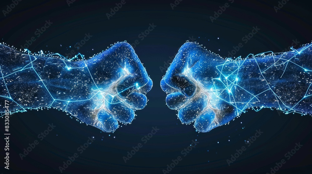 Wall mural two hands fist bump punch fists in a glowing blue lines and dots on a dark background - Wall murals