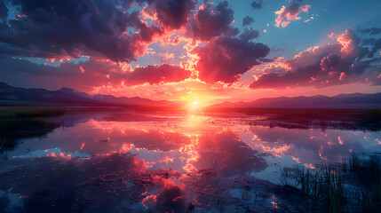 An ultra HD view of a nature aquifer at sunrise, the sky glowing with vibrant colors and the water reflecting the light