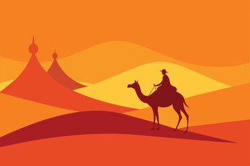 Camel Rider Crossing Vast Desert Hill Arabian Landscape vector illustration