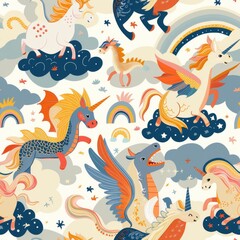 seamless pattern of friendly dragons, unicorns, and griffins