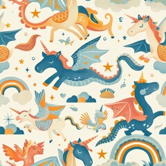 seamless pattern of friendly dragons, unicorns, and griffins