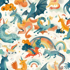 Obraz premium seamless pattern of friendly dragons, unicorns, and griffins