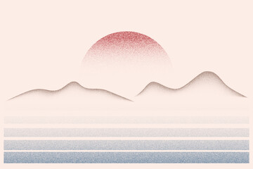 Stipple gradient landscape with mountains sun and sea. Vector illustration with spray effect. Abstract dotted halftone texture. Dusty eclipse. Grunge vintage solar and waves. Dissolve fade desert.