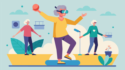 A retirement community implementing VR balance training programs for all residents to help improve overall physical health.. Vector illustration