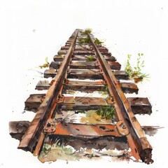 Watercolor painting of a rusty, disused railway track disappearing into the distance, with weeds growing between the sleepers, on isolated white, Generative AI
