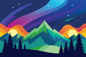 Colorful Aurora Borealis Sky Light Pine Mountain Adventure Polar Landscape vector illustration