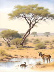 Central Kalahari Game Reserve Botswana Country Landscape Watercolor Illustration Art	
