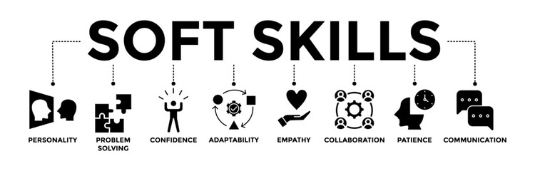 Soft skills banner icons set. Vector graphic glyph style with icon of personality, problem-solving, confidence, adaptability, empathy, collaboration, patience, and communication	