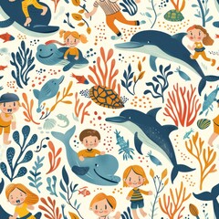 seamless pattern of children swimming with friendly sea creatures in a vibrant coral reef