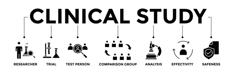 Clinical study banner icons set for clinical trial research with glyph style icon of researcher, trial, test person, comparison group, analysis, effectivity, and safeness
