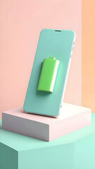 3d render of battery icon on mobile phone isolated on pastel background