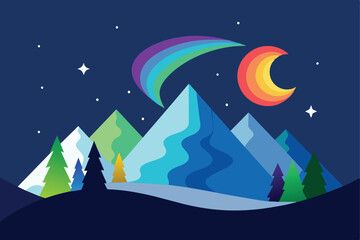 Colorful Aurora Borealis Sky Light Pine Mountain Adventure Polar Landscape vector illustration