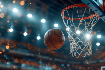 Scoring the winning points at a basketball game. the moment when the basketball flies through the air towards the hoop. Ball and Basketball Court. basketball game ball in hoop. Basketball Dunk. 