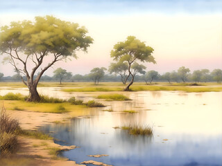 Kasane Botswana Country Landscape Watercolor Illustration Art	