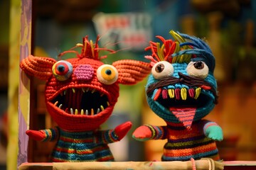 Colorful Yarn Puppets with Funny Faces in Puppet Show