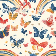 seamless pattern of colorful butterflies and rainbow arch