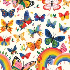 seamless pattern of colorful butterflies and rainbow arch