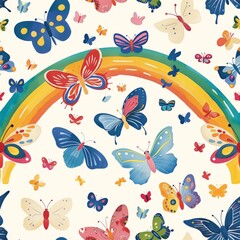 seamless pattern of colorful butterflies and rainbow arch