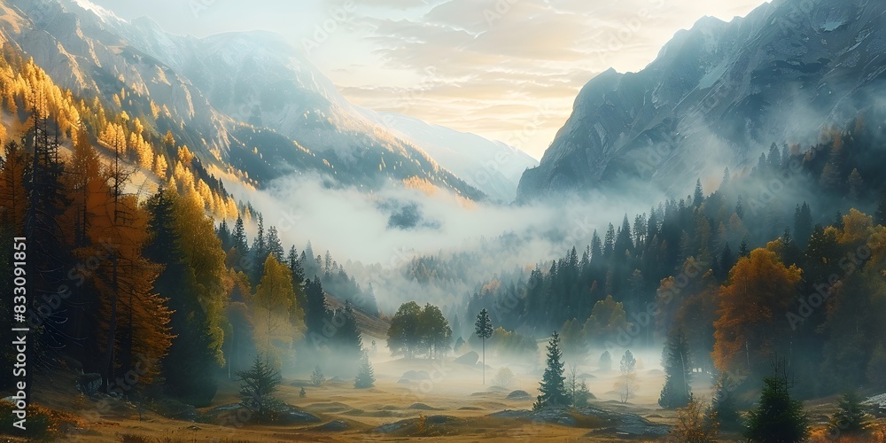 Sticker Serene Mountain Valley Shrouded in Ethereal Autumn Fog with Golden Light at Dawn