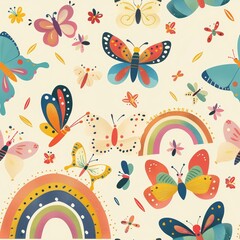 seamless pattern of colorful butterflies and rainbow arch