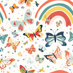 Obraz premium seamless pattern of colorful butterflies and rainbow arch