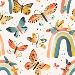 seamless pattern of colorful butterflies and rainbow arch