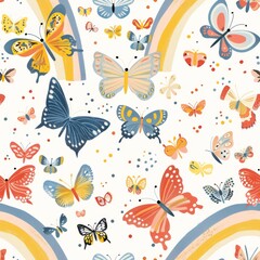 seamless pattern of colorful butterflies and rainbow arch