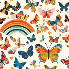 seamless pattern of colorful butterflies and rainbow arch