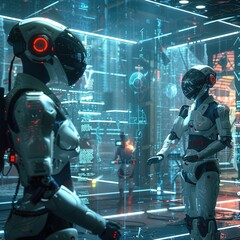 Futuristic Scene with Holographic Displays, AI Robots, and People Interacting with VR Headsets in a Sleek High-Tech Environment