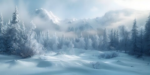 Obraz premium Breathtaking Winter Wonderland in Snowy Alpine Forest with Distant Mountain Peaks