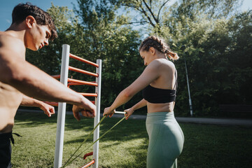 Two young athletes doing a resistance band workout in an urban park. Outdoor exercise, fitness...