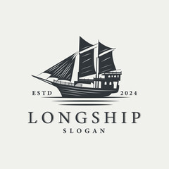 vintage viking longship warship logo traditional ocean sailboat silhouette design