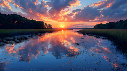 An ultra HD view of a nature estuary at sunrise, the sky glowing with vibrant colors and the water reflecting the light